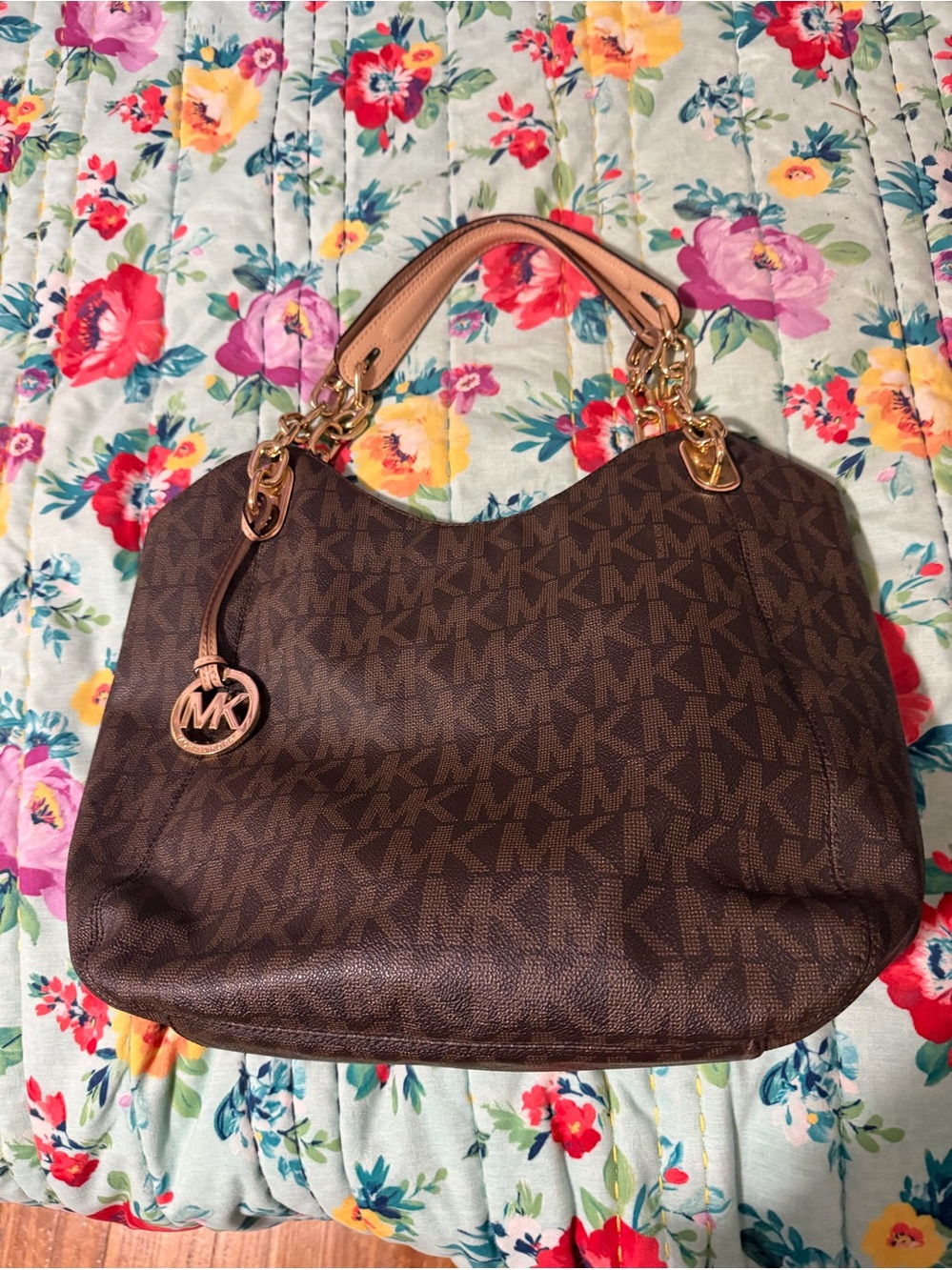 Michael Kors Dark Brown Logo-Print Shoulder Bag with Tan Handles